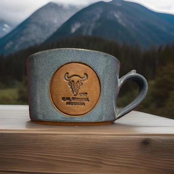 C.M. Russell Museum Over Sized Pottery Coffee Mug Blue / Brown Artisan, Rustic - Picture 1 of 10